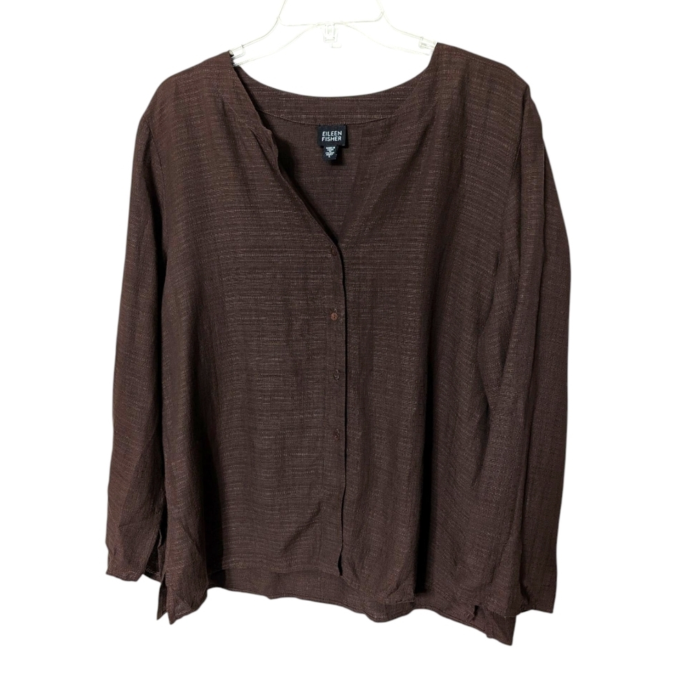 Eileen Fisher Rich Brown Linen Blend Lagenlook Button-Down Split‎ Neck Top Large